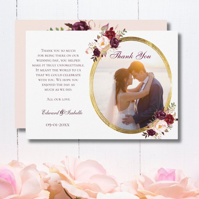 Glamorous Pink & Burgundy Rose Floral Couple Photo Thank You Card (Creator Uploaded)
