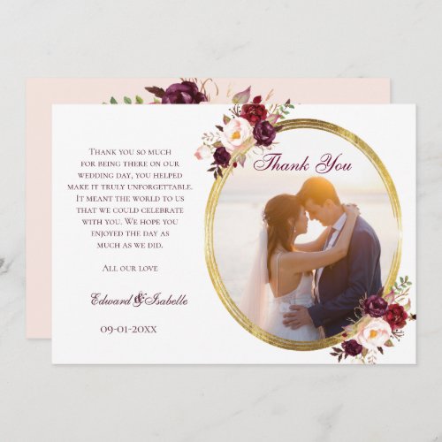 Glamorous Pink  Burgundy Rose Floral Couple Photo Thank You Card