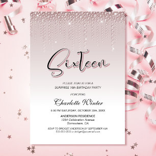 Glamorous Pink Diamonds Surprise 16th Birthday Invitation