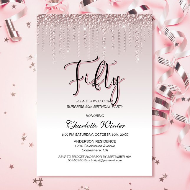Glamorous Pink Diamonds Surprise 50th Birthday Invitation (Creator Uploaded)