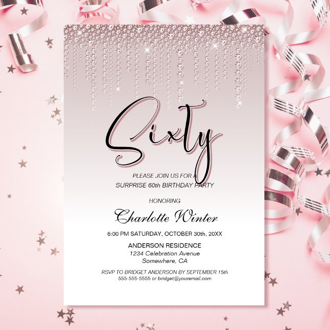 Glamorous Pink Diamonds Surprise 60th Birthday Invitation (Creator Uploaded)