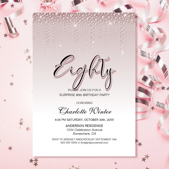 Glamorous Pink Diamonds Surprise 80th Birthday Invitation (Creator Uploaded)