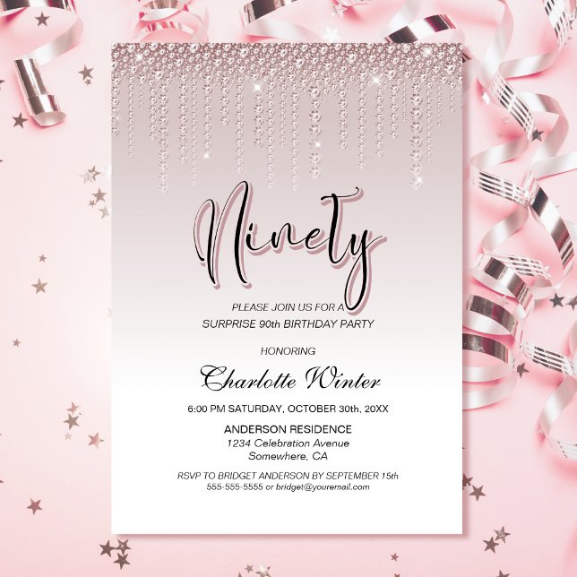 Glamorous Pink Diamonds Surprise 90th Birthday Invitation (Creator Uploaded)