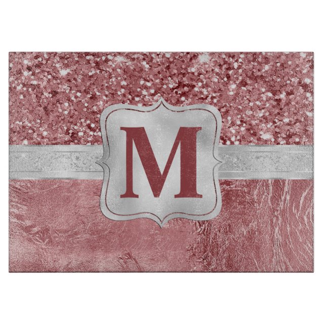 Glamorous Pink Foil and Glitter Monogram Cutting Board (Front)