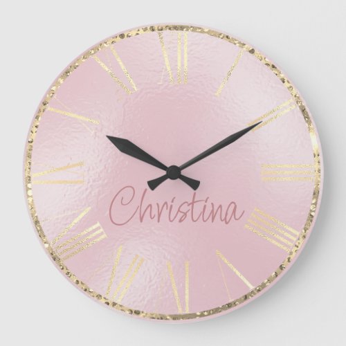Glamorous Pink Foil and Gold Diamonds Large Clock