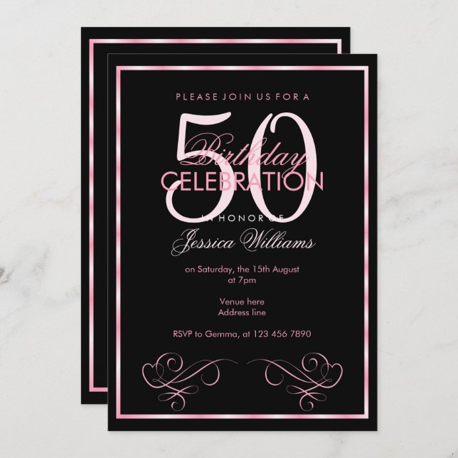 Glamorous Pink Frame Women's 50th Birthday Invitation (Front/Back)