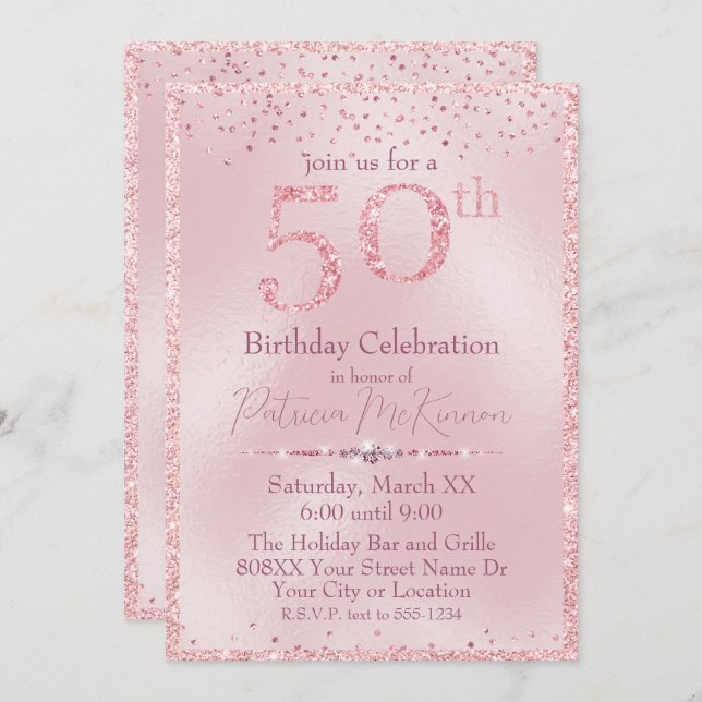 Glamorous Pink Glitter 50th Birthday Invitation (Front/Back)