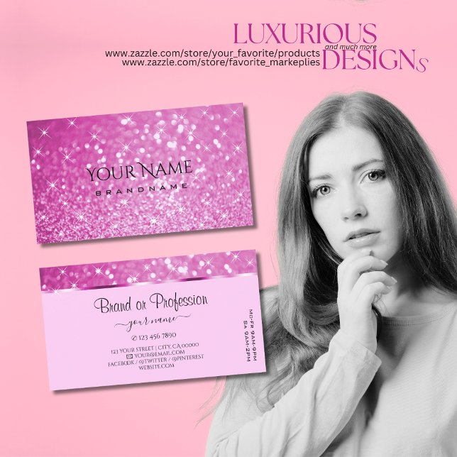 Glamorous Pink Glitter and Sparkling Stars Elegant Business Card (Creator Uploaded)