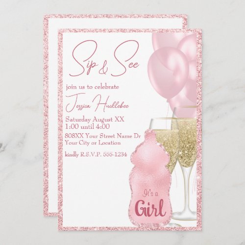 Glamorous Pink Glitter Baby Girl Sip and See Invitation