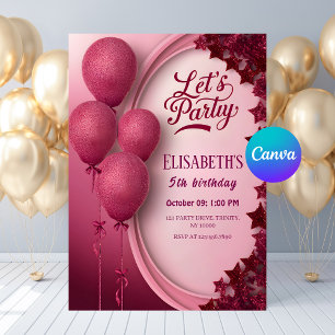 Glamorous Pink Glitter Balloons & Stars Birthday Invitation