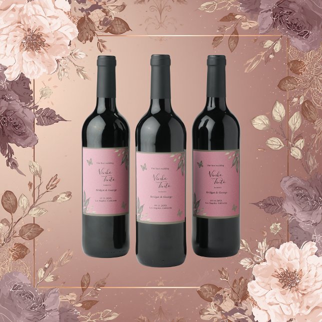 glamorous pink glitter botanical foliage wedding  wine label (Creator Uploaded)