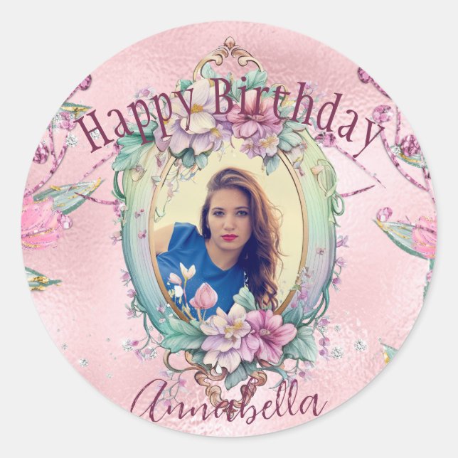Glamorous Pink Glitter Fairy Tale Photo Mirror Classic Round Sticker (Front)
