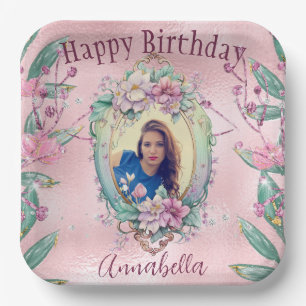 Glamorous Pink Glitter Fairy Tale Photo Mirror Paper Plates