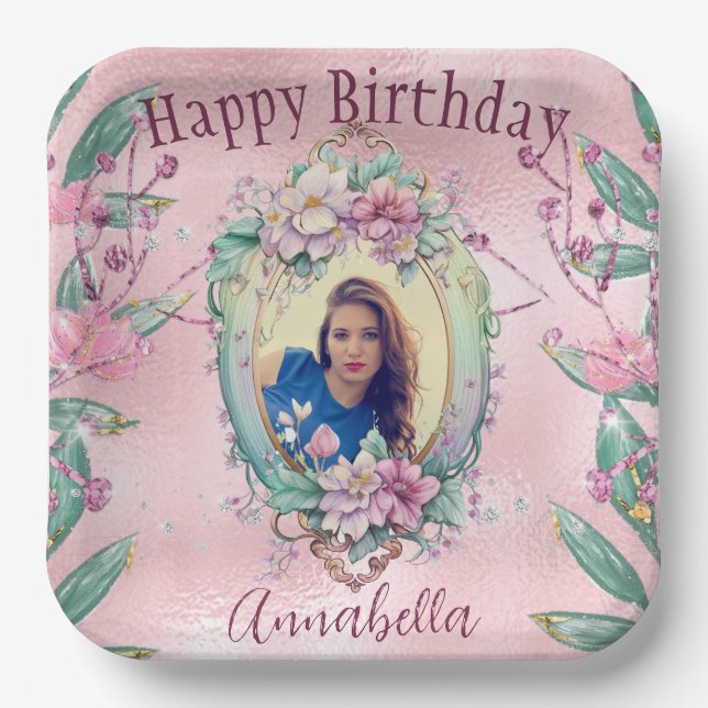 Glamorous Pink Glitter Fairy Tale Photo Mirror Paper Plates (Front)