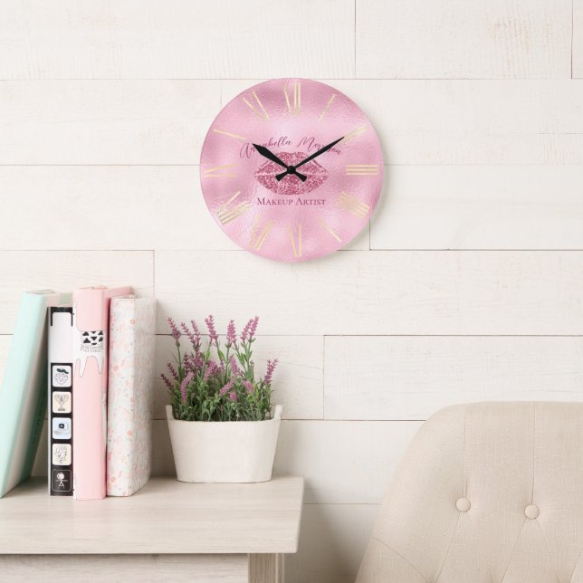 Glamorous Pink Glitter Lips and Gold Large Clock (Reading Room)