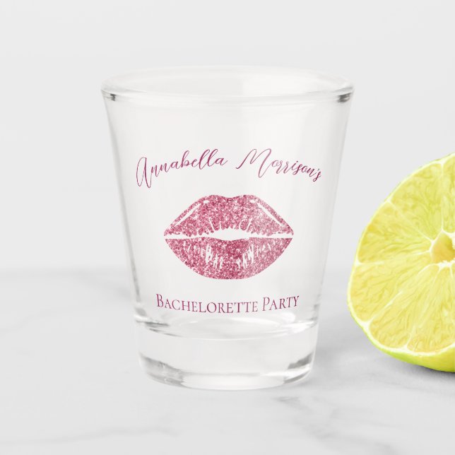 Glamorous Pink Glitter Lips Bachelorette Shot Glass (Front)
