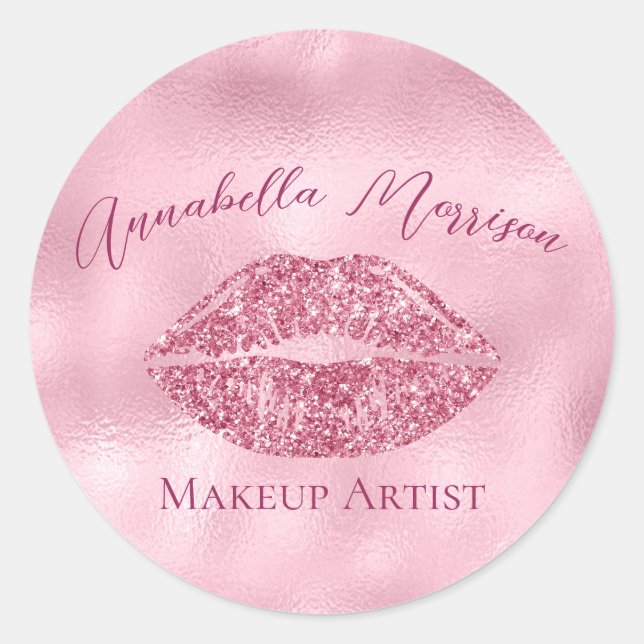 Glamorous Pink Glitter Lips Classic Round Sticker (Front)