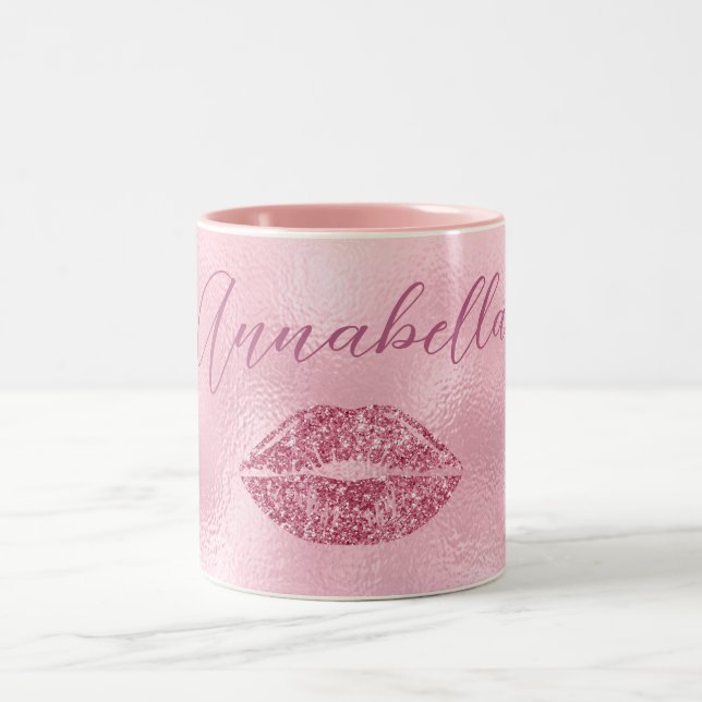 Glamorous Pink Glitter Lips Two-Tone Coffee Mug (Center)