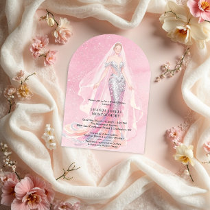 Glamorous Pink Glitter Mermaid Style Bride Dressed Invitation