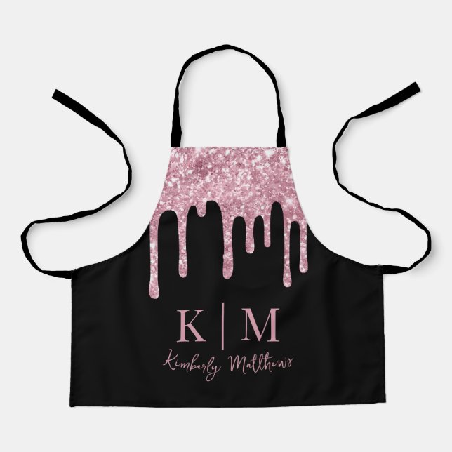Glamorous Pink Glitter Monogram Initials on Black Apron (Front)