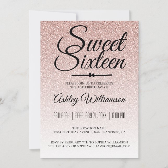 Glamorous Pink Glitter Ombre Sweet 16 Birthday Invitation (Front)