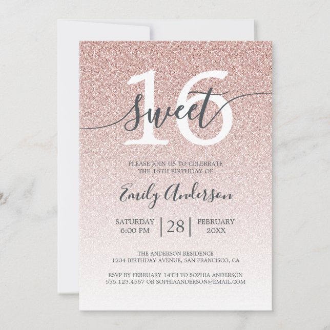 Glamorous Pink Glitter Ombre Sweet 16 Birthday Invitation (Front)