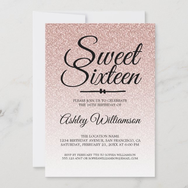 Glamorous Pink Glitter Ombre Sweet 16 Birthday Invitation (Front)