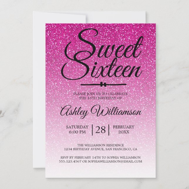 Glamorous Pink Glitter Ombre Sweet 16 Birthday Invitation (Front)