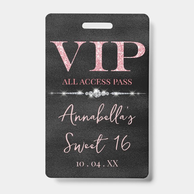 Glamorous Pink Glitter on Black VIP Badge (Front)