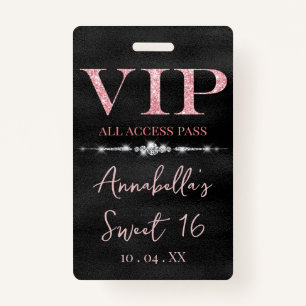 Glamorous Pink Glitter on Black VIP Badge