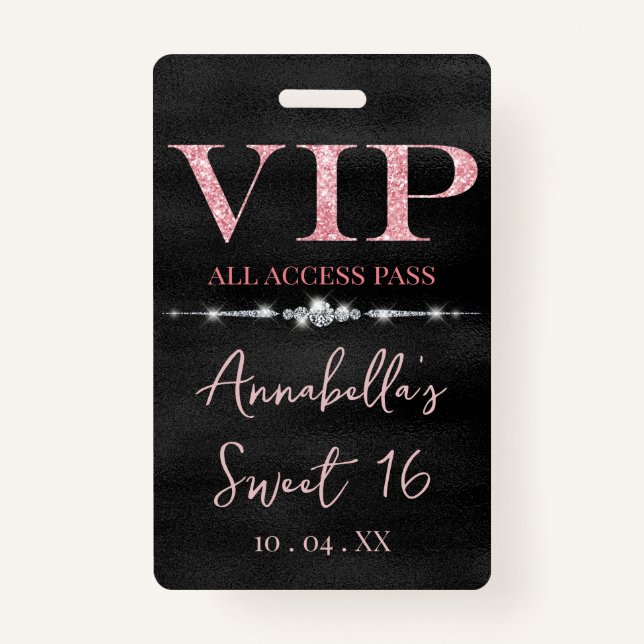 Glamorous Pink Glitter on Black VIP Badge (Front)