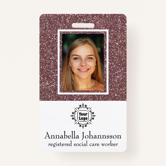 Glamorous Pink Glitter Photo Id & Name Badge (Front)