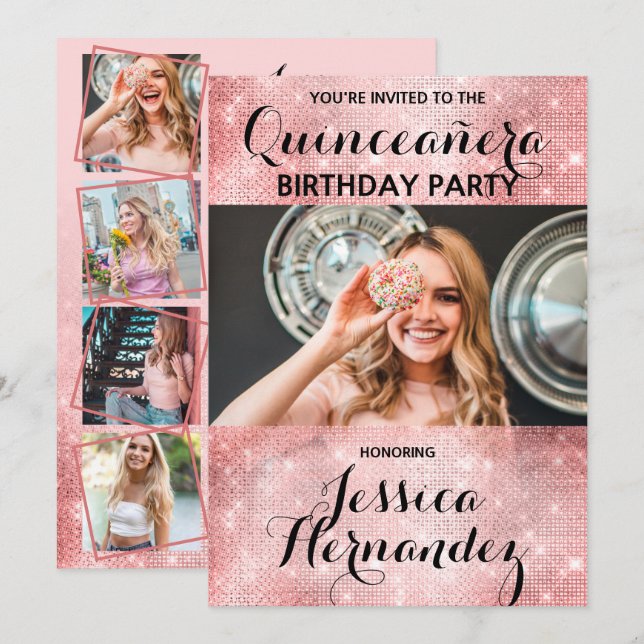 Glamorous Pink Glitter Sequins Photo Quinceañera Invitation (Front/Back)