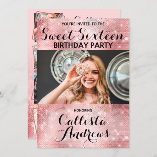 Glamorous Pink Glitter Sequins Photo Sweet 16 Invitation