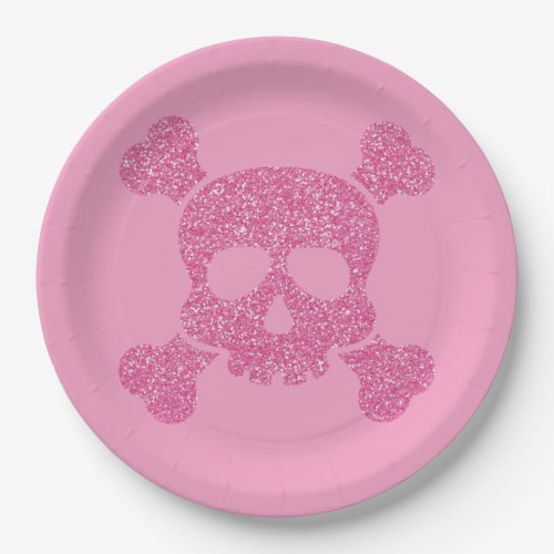 Glamorous Pink Glitter Skull and Crossbones Paper Plates