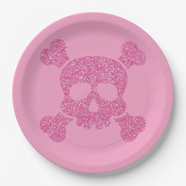 Glamorous Pink Glitter Skull and Crossbones Paper Plates (Front)