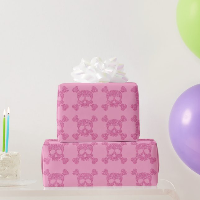 Glamorous Pink Glitter Skull and Crossbones Wrapping Paper (Party Gifts)