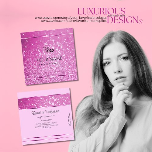 Glamorous Pink Glitter Sparkling Stars add Logo Square Business Card