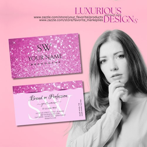 Glamorous Pink Glitter Sparkling Stars Initials Business Card