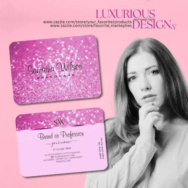 Glamorous Pink Glitter Sparkling Stars Monogram  Business Card (Creator Uploaded)