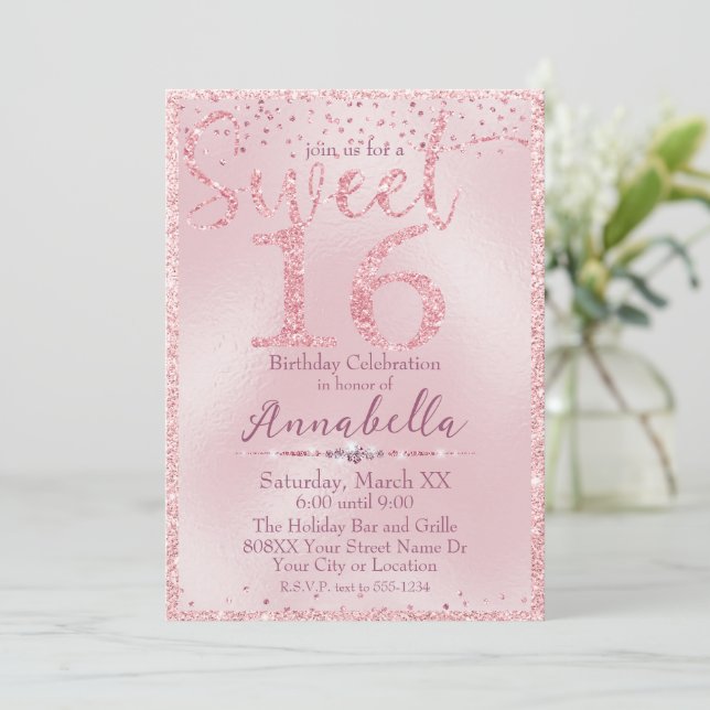 Glamorous Pink Glitter Sweet 16 Birthday Invitation (Standing Front)