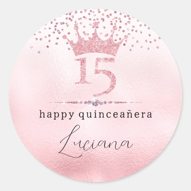Glamorous Pink Glitter Tiara Quinceañera Birthday Classic Round Sticker (Front)