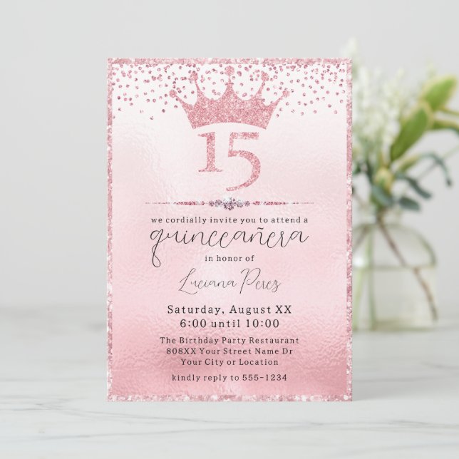 Glamorous Pink Glitter Tiara Quinceañera Birthday Invitation (Standing Front)