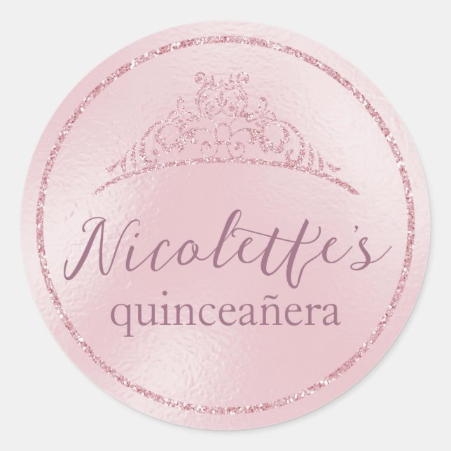 Glamorous Pink Glitter Tiara Quinceañera Classic Round Sticker (Front)