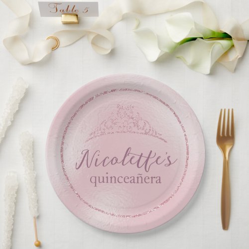 Glamorous Pink Glitter Tiara Quinceaera Paper Plates