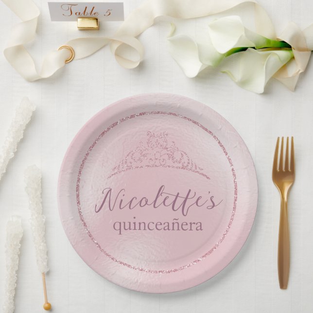 Glamorous Pink Glitter Tiara Quinceañera Paper Plates (Wedding)