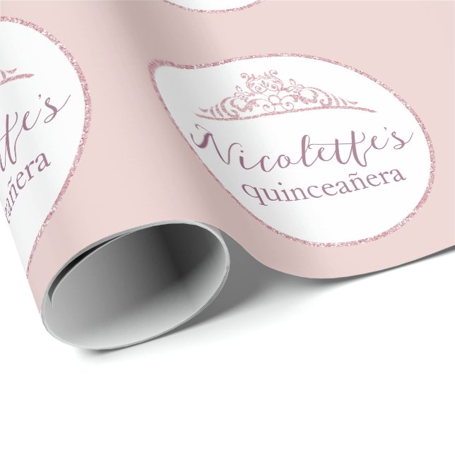 Glamorous Pink Glitter Tiara Quinceañera Wrapping Paper (Roll Corner)