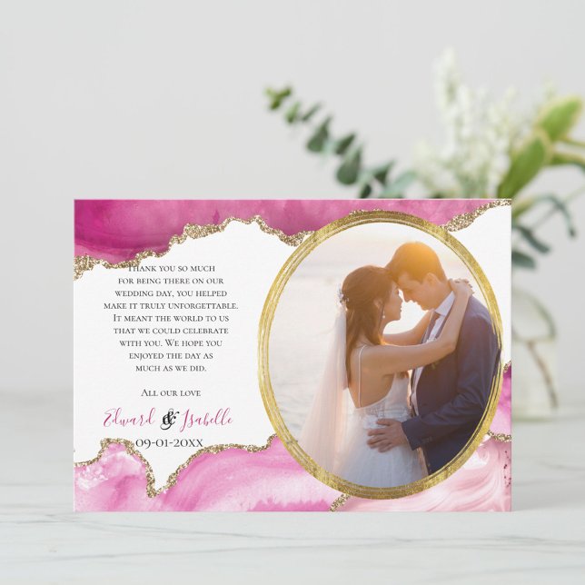 Glamorous Pink & Gold Agate Stone Couple Photo Tha Thank You Card (Creator Uploaded)