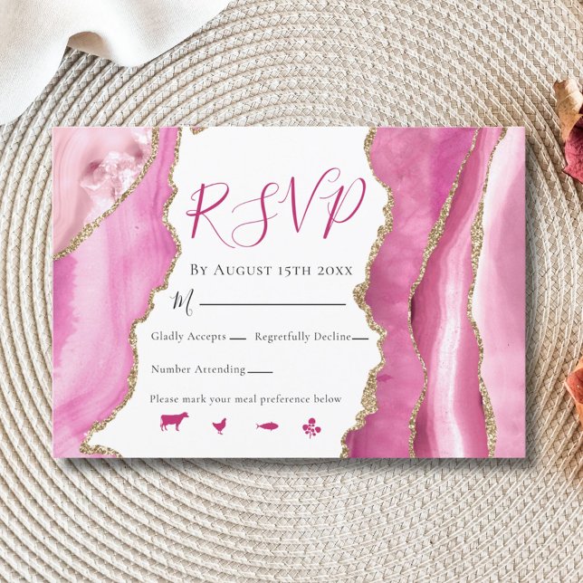 Glamorous Pink & Gold Agate Stone Wedding RSVP Card (Creator Uploaded)