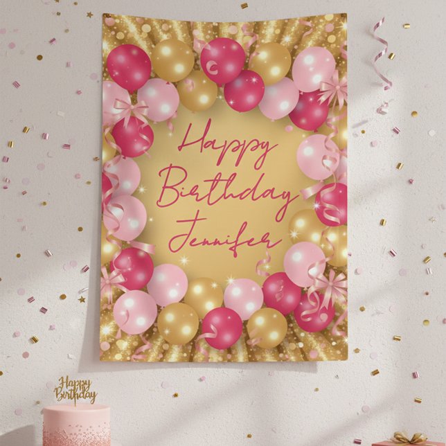 Glamorous Pink Gold Balloons Glitter Birthday Banner (Creator Uploaded)